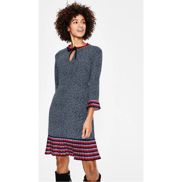 Boden 4P Lara navy polka dot pleated trim dress - Picture 1 of 6